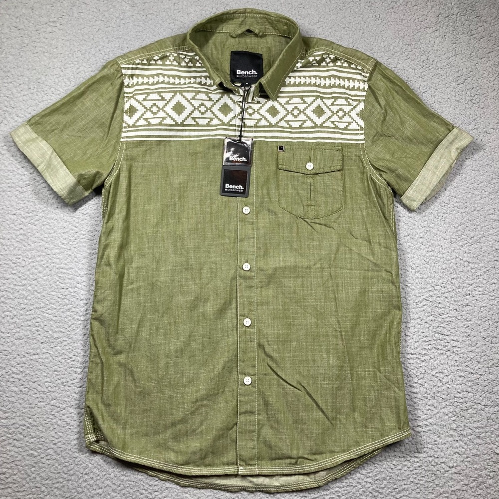 Bench Urbanwear Shirt Men'sโ Medium Olive Green Aztec Button Up Short Sleeve
